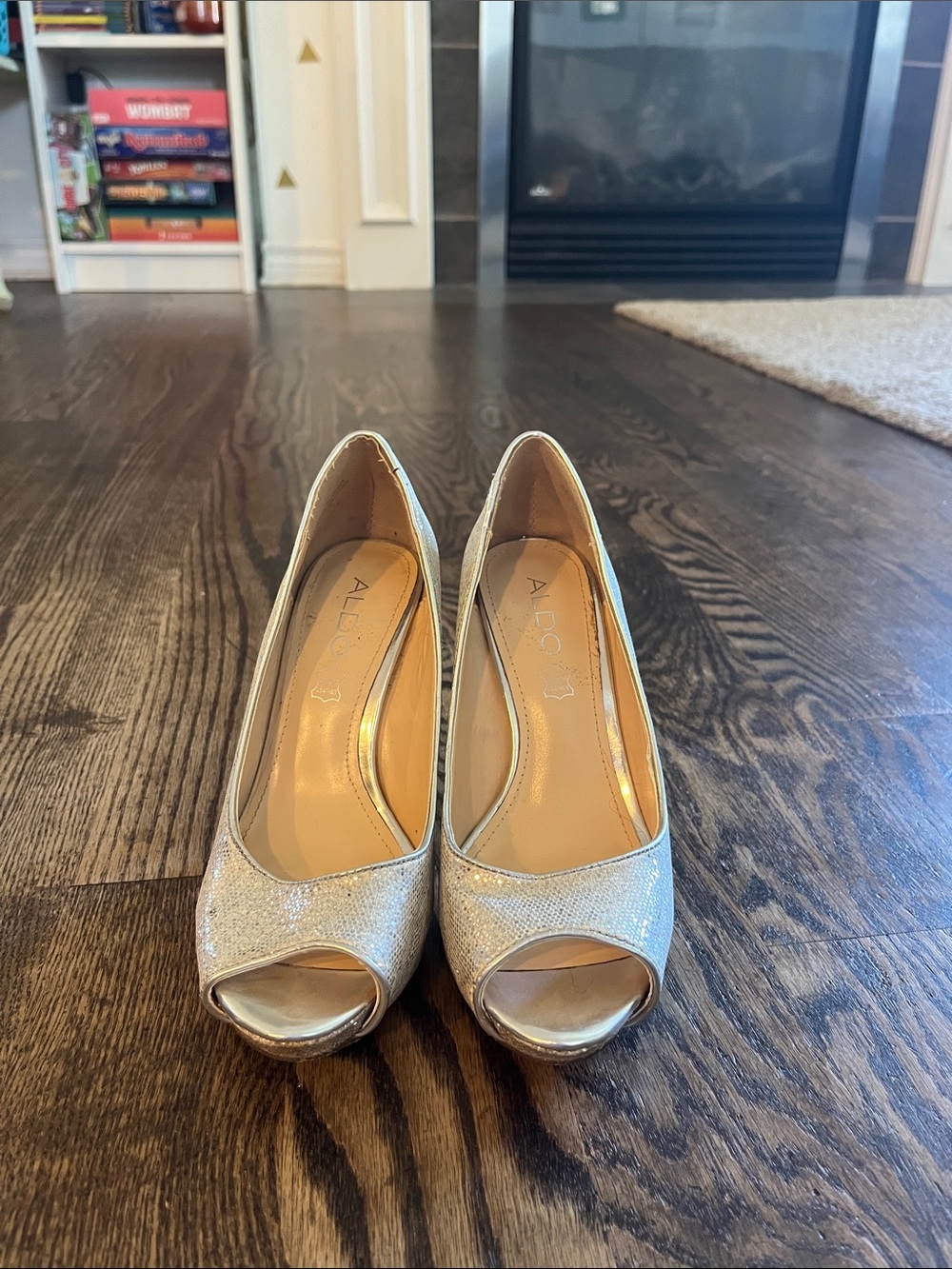 ALDO Silver Glitter Peep-Toe Heels
